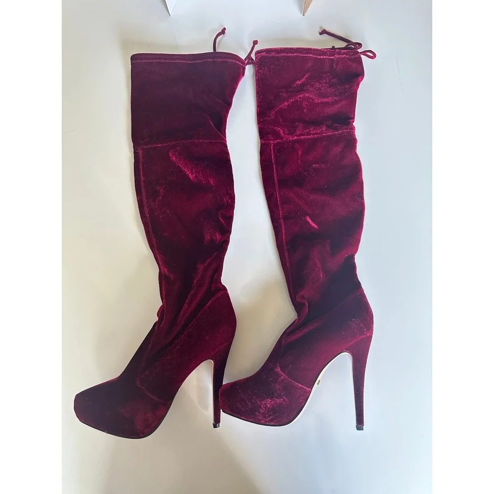 Bebe Giaa Velvet Burgundy Over The Knee Stiletto Heel Boots Size 8 Glam NWB‎